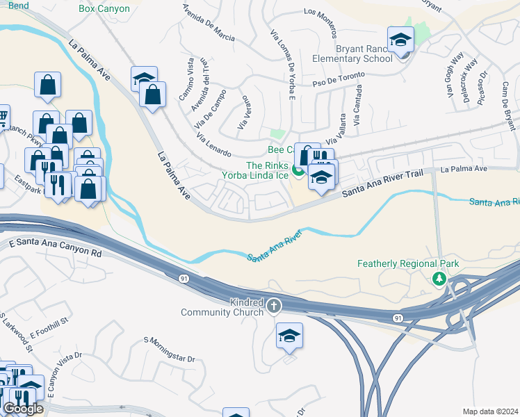 map of restaurants, bars, coffee shops, grocery stores, and more near in Yorba Linda