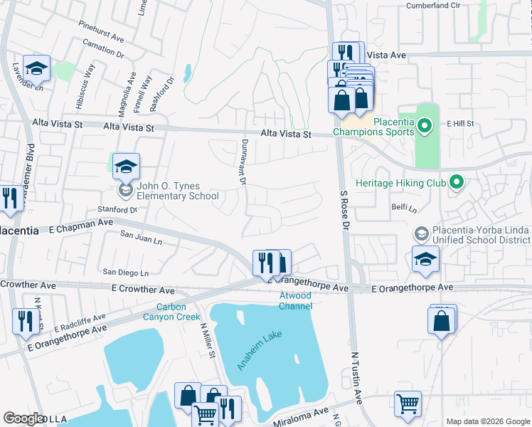 map of restaurants, bars, coffee shops, grocery stores, and more near 1046 Snow Lane in Placentia