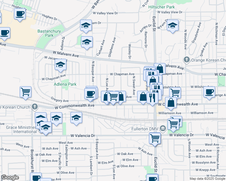 map of restaurants, bars, coffee shops, grocery stores, and more near 217 Michael Avenue in Fullerton