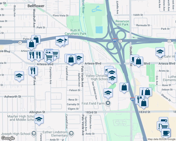 map of restaurants, bars, coffee shops, grocery stores, and more near 17750 Palo Verde Avenue in Cerritos