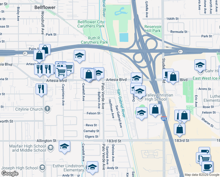 map of restaurants, bars, coffee shops, grocery stores, and more near 17800 Palo Verde Avenue in Cerritos