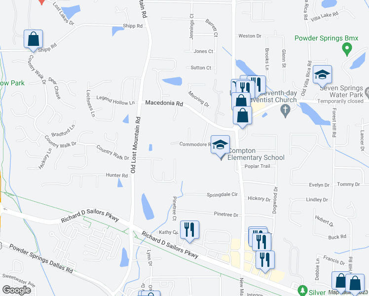 map of restaurants, bars, coffee shops, grocery stores, and more near 4330 Commodore Road in Powder Springs