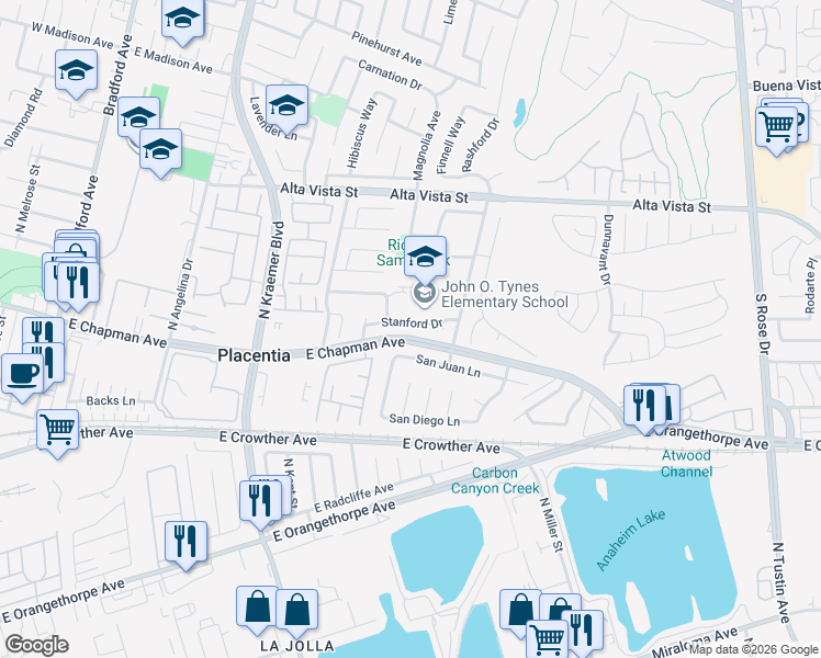 map of restaurants, bars, coffee shops, grocery stores, and more near 724 Stanford Drive in Placentia