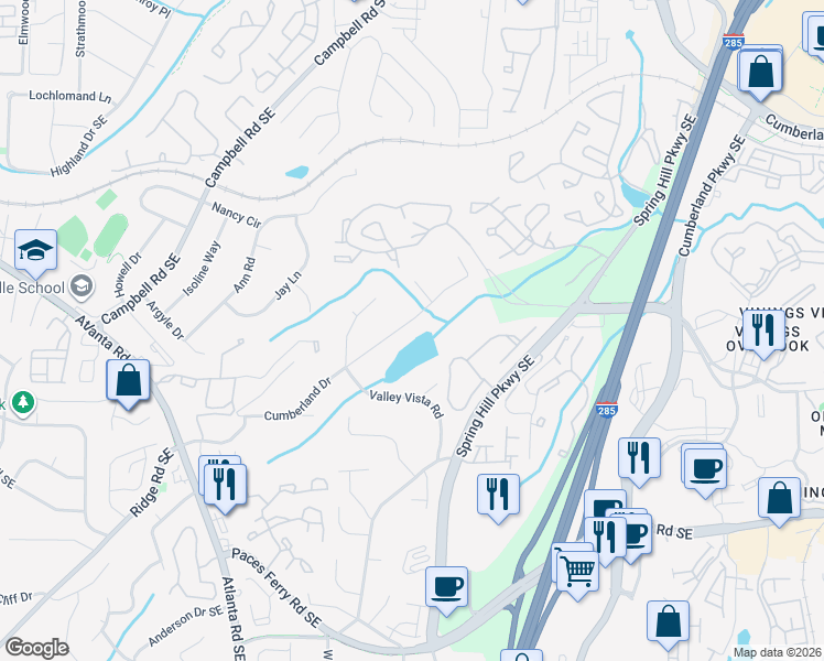 map of restaurants, bars, coffee shops, grocery stores, and more near 2340 Cumberland Drive in Smyrna