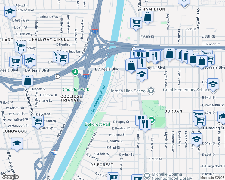 map of restaurants, bars, coffee shops, grocery stores, and more near 950 Paradise Lane in Long Beach