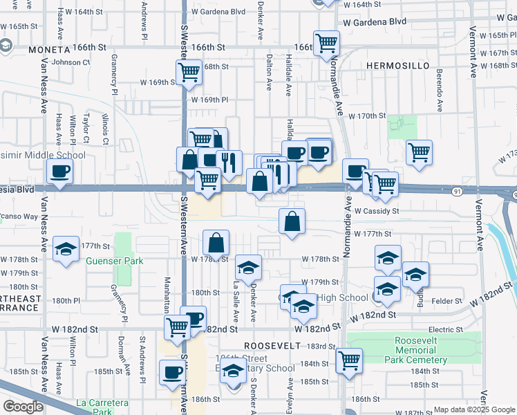 map of restaurants, bars, coffee shops, grocery stores, and more near 1598 West Artesia Square in Gardena