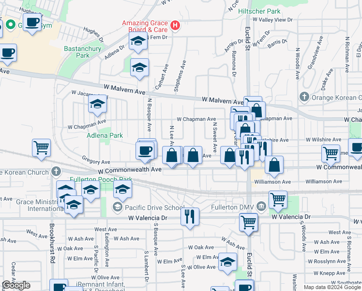 map of restaurants, bars, coffee shops, grocery stores, and more near 217 Michael Avenue in Fullerton
