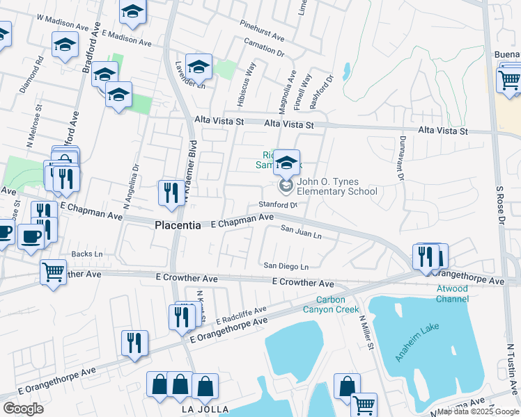 map of restaurants, bars, coffee shops, grocery stores, and more near in Placentia