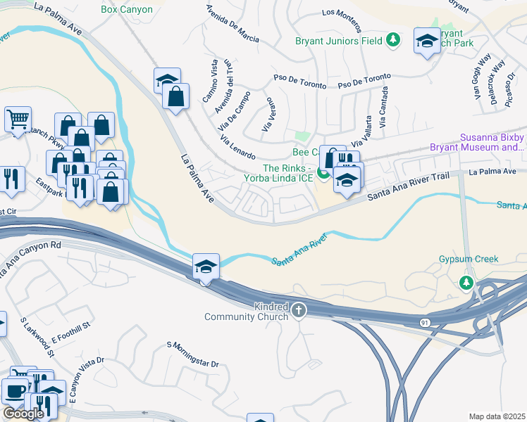 map of restaurants, bars, coffee shops, grocery stores, and more near 6211 Newhaven Court in Yorba Linda