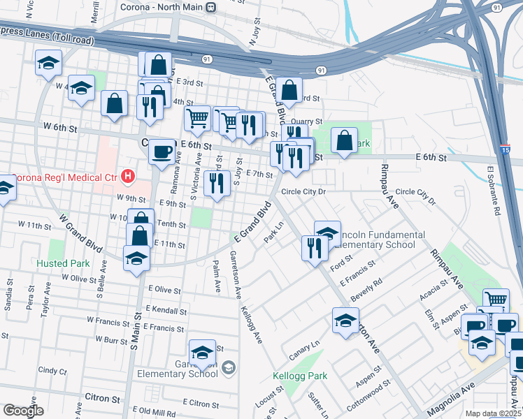 map of restaurants, bars, coffee shops, grocery stores, and more near 818 East Grand Boulevard in Corona