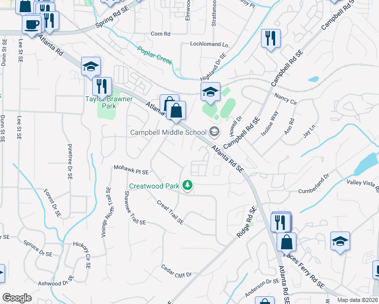 map of restaurants, bars, coffee shops, grocery stores, and more near 3463 Vintage Circle Southeast in Smyrna