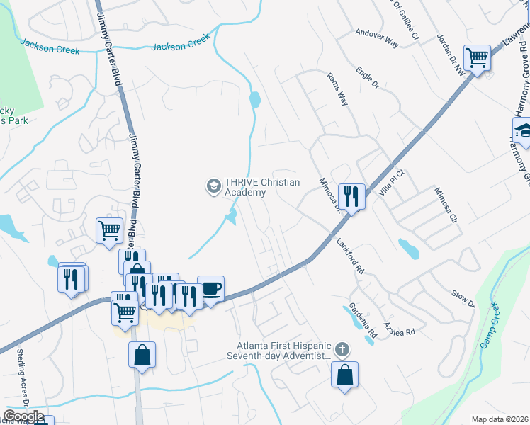map of restaurants, bars, coffee shops, grocery stores, and more near 6115 Colston Lane in Tucker