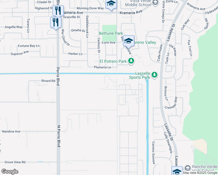 map of restaurants, bars, coffee shops, grocery stores, and more near 25430 Edwin Road in Moreno Valley