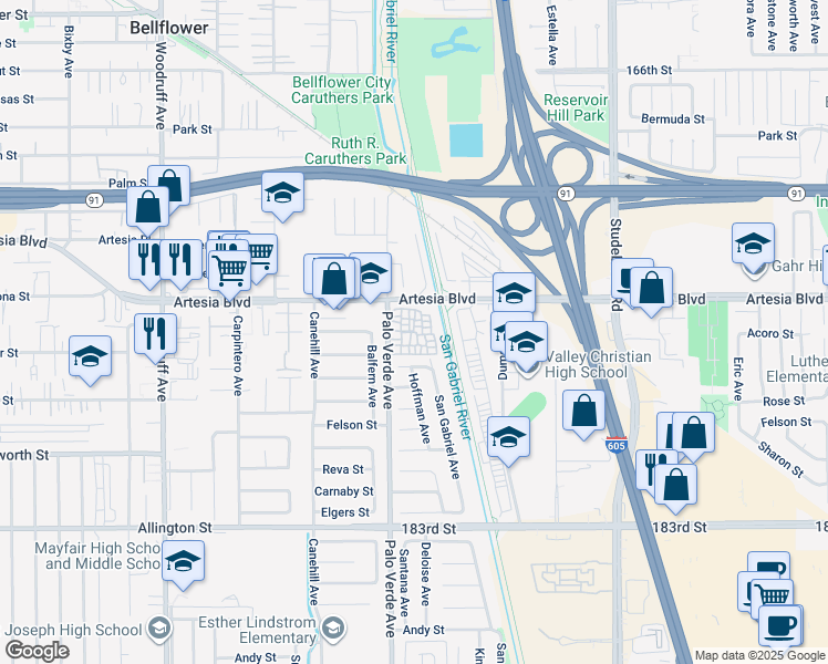 map of restaurants, bars, coffee shops, grocery stores, and more near 17760 Palo Verde Avenue in Cerritos