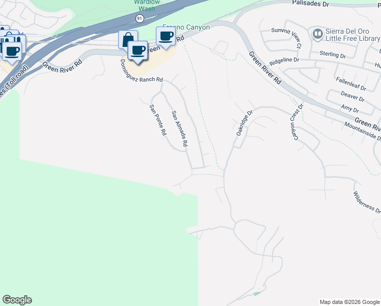 map of restaurants, bars, coffee shops, grocery stores, and more near 1630 San Almada Road in Corona