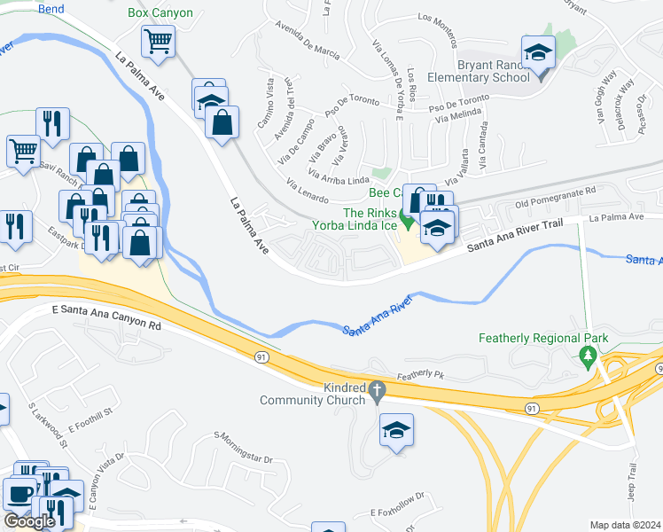 map of restaurants, bars, coffee shops, grocery stores, and more near 6243 Hartford Road in Yorba Linda