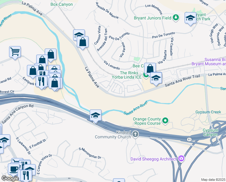 map of restaurants, bars, coffee shops, grocery stores, and more near 2204 East La Palma Avenue in Yorba Linda