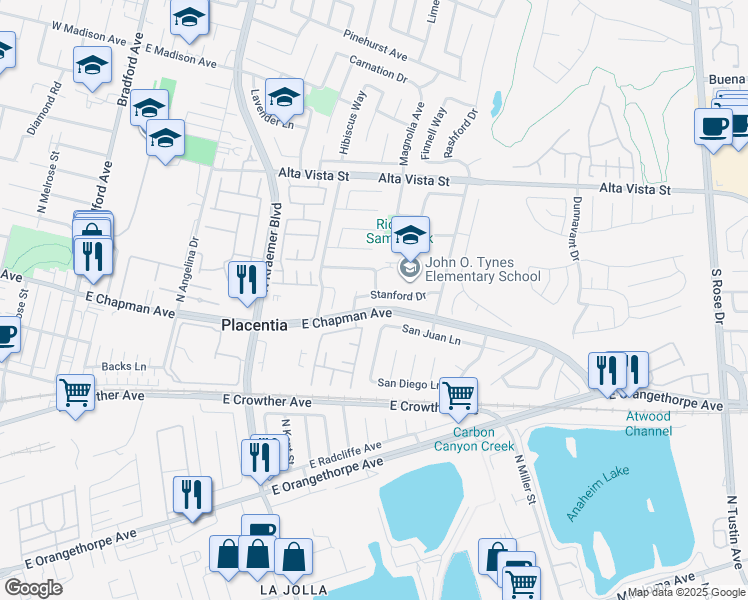 map of restaurants, bars, coffee shops, grocery stores, and more near in Placentia