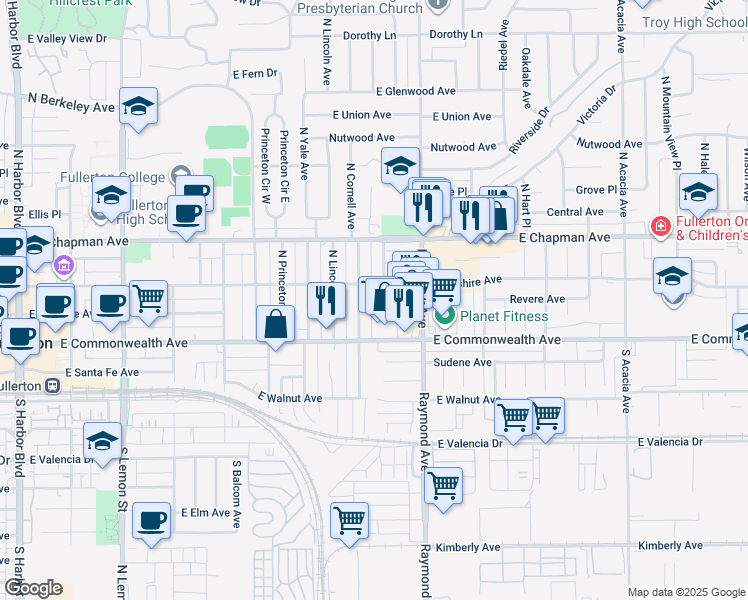 map of restaurants, bars, coffee shops, grocery stores, and more near 128 North Cornell Avenue in Fullerton