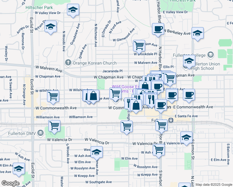 map of restaurants, bars, coffee shops, grocery stores, and more near in Fullerton