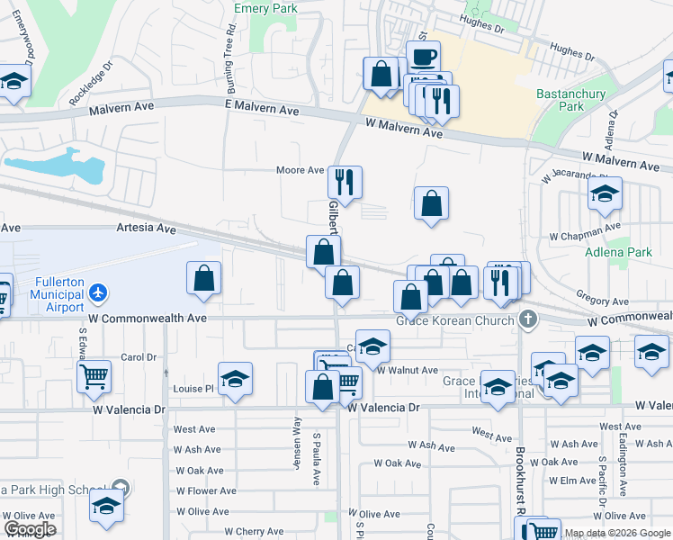 map of restaurants, bars, coffee shops, grocery stores, and more near 144 North Gilbert Street in Fullerton