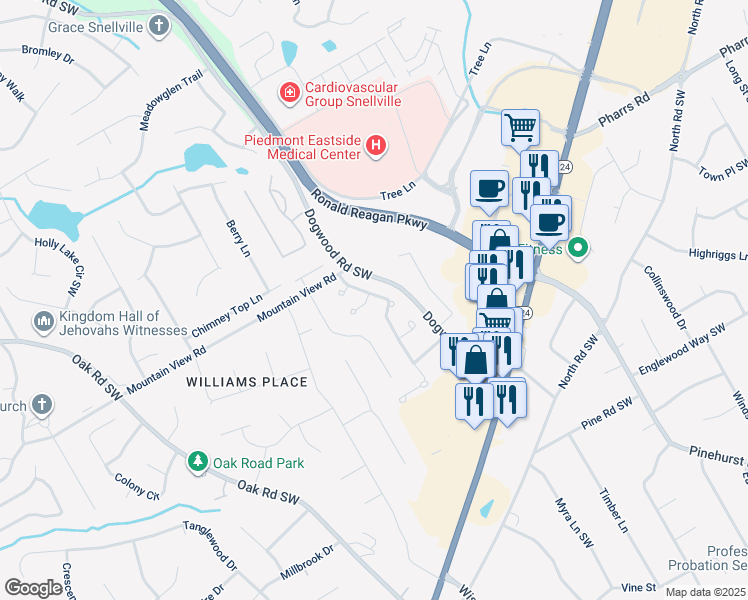 map of restaurants, bars, coffee shops, grocery stores, and more near 2260 Burlington Lane in Snellville