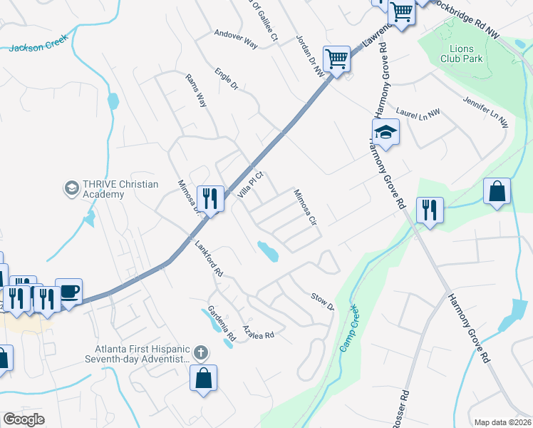 map of restaurants, bars, coffee shops, grocery stores, and more near 5921 La Chateau Place in Tucker