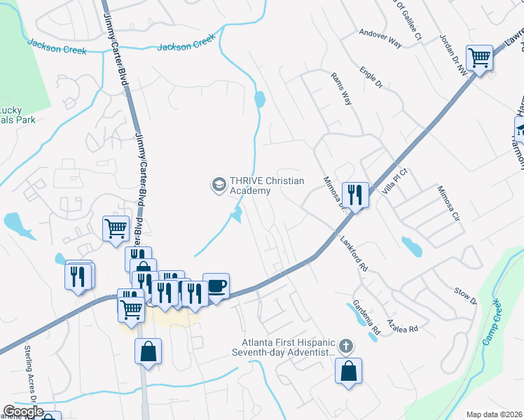 map of restaurants, bars, coffee shops, grocery stores, and more near 6115 Colston Lane in Tucker