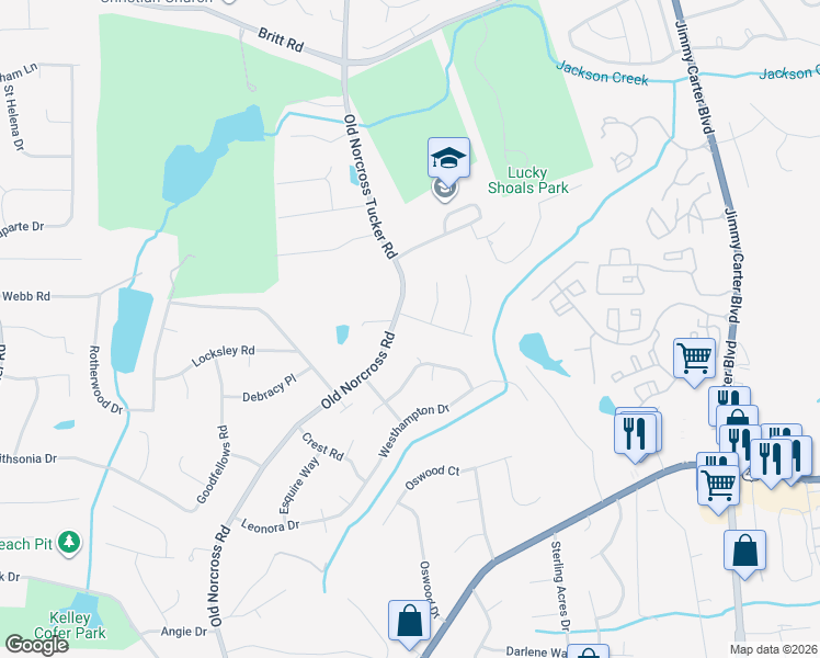 map of restaurants, bars, coffee shops, grocery stores, and more near 2937 Old Norcross Road in Tucker