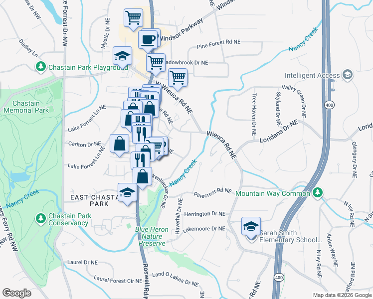 map of restaurants, bars, coffee shops, grocery stores, and more near 4293 Rickenbacker Way Northeast in Atlanta