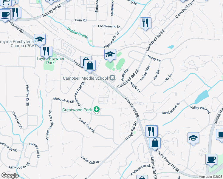 map of restaurants, bars, coffee shops, grocery stores, and more near 3313 Vintage Circle Southeast in Smyrna