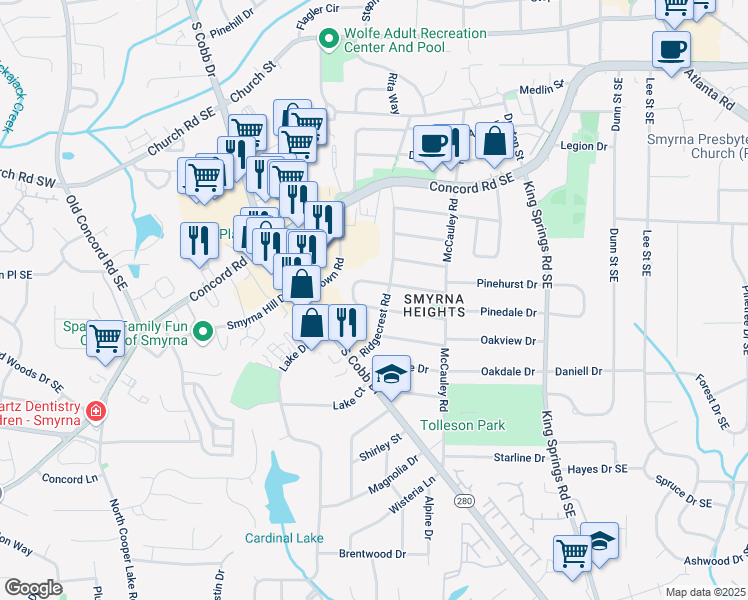 map of restaurants, bars, coffee shops, grocery stores, and more near 957 Sharon Circle Southeast in Smyrna