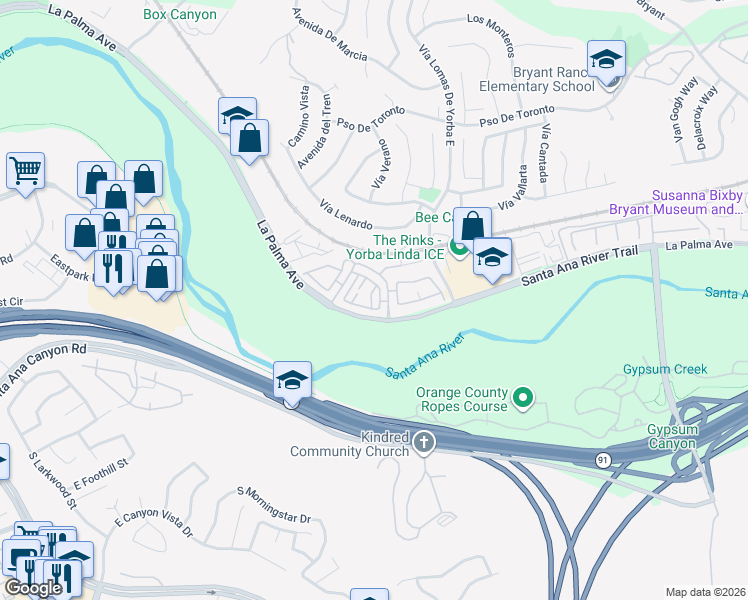 map of restaurants, bars, coffee shops, grocery stores, and more near 6211 Newhaven Court in Yorba Linda