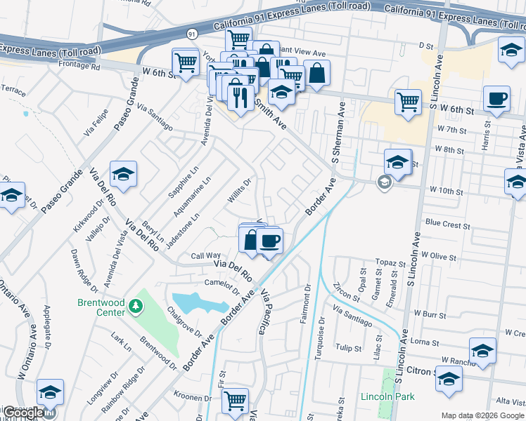 map of restaurants, bars, coffee shops, grocery stores, and more near 1362 Rainbrook Way in Corona