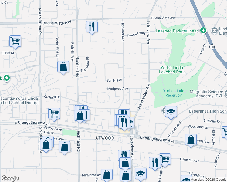 map of restaurants, bars, coffee shops, grocery stores, and more near 267 Preakness Court in Placentia
