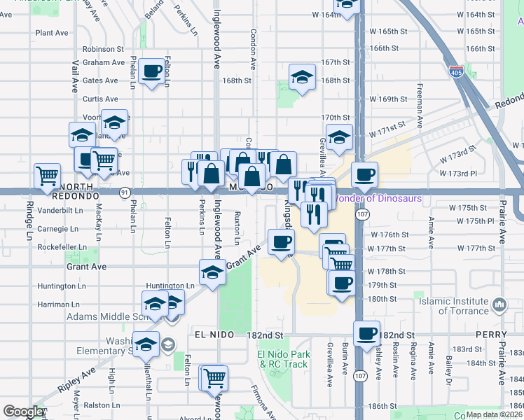 map of restaurants, bars, coffee shops, grocery stores, and more near 1929 Condon Avenue in Redondo Beach