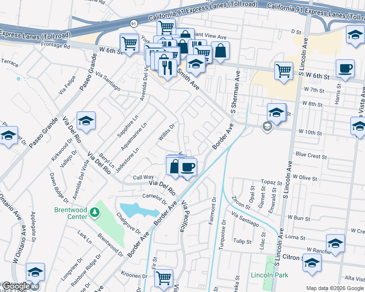 map of restaurants, bars, coffee shops, grocery stores, and more near 1362 Rainbrook Way in Corona