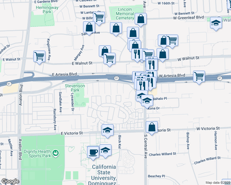 map of restaurants, bars, coffee shops, grocery stores, and more near 17513 Keene Avenue in Carson