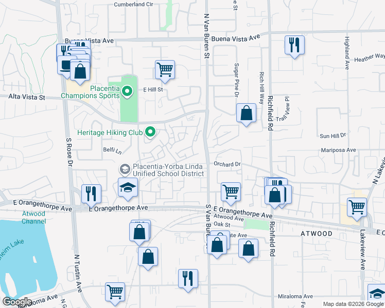 map of restaurants, bars, coffee shops, grocery stores, and more near 125 Draft Way in Placentia