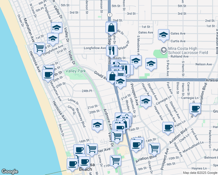 map of restaurants, bars, coffee shops, grocery stores, and more near 725 24th Place in Hermosa Beach