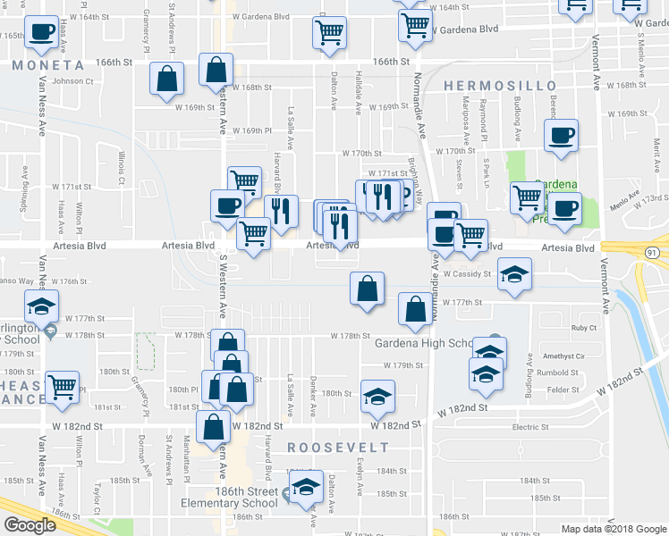 map of restaurants, bars, coffee shops, grocery stores, and more near 1558 West Artesia Square in Gardena