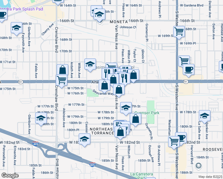 map of restaurants, bars, coffee shops, grocery stores, and more near 2213 Descanso Way in Torrance