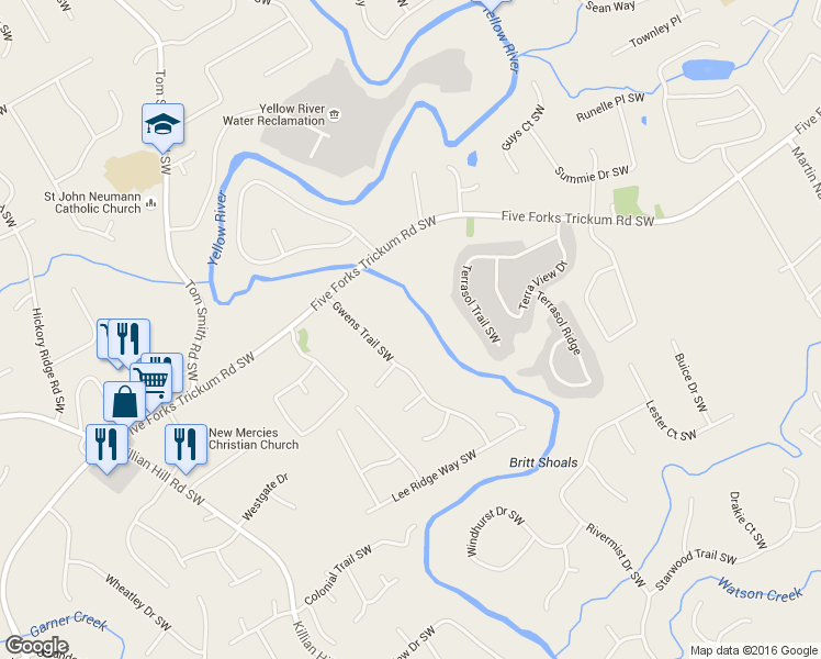 map of restaurants, bars, coffee shops, grocery stores, and more near 1058 Gwens Trail Southwest in Lilburn