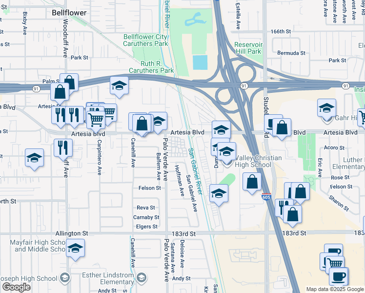 map of restaurants, bars, coffee shops, grocery stores, and more near 17700 Palo Verde Avenue in Cerritos