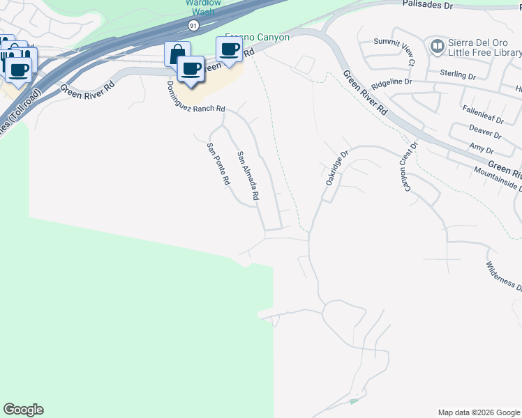 map of restaurants, bars, coffee shops, grocery stores, and more near 1630 San Almada Road in Corona