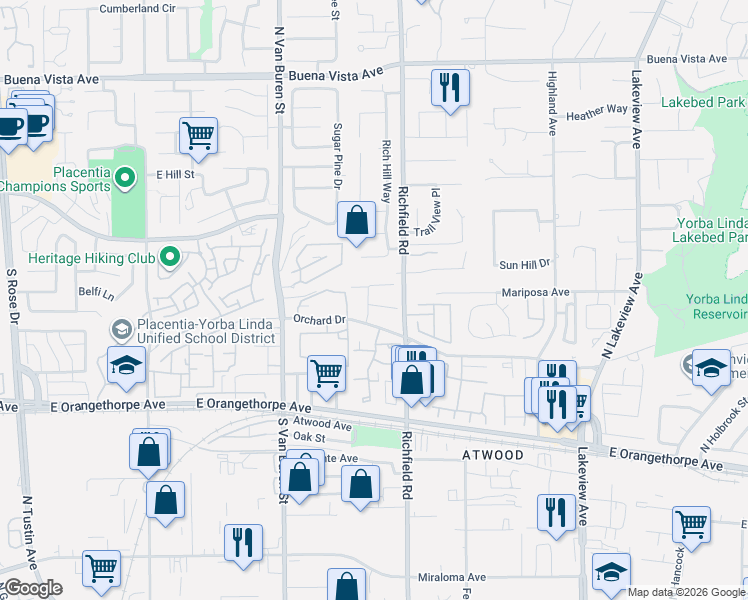 map of restaurants, bars, coffee shops, grocery stores, and more near 17561 Burkwood Circle in Yorba Linda
