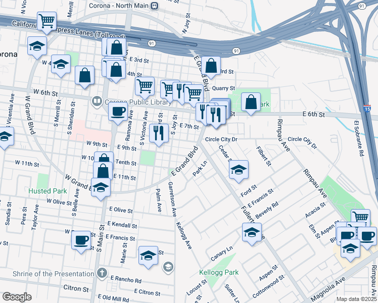 map of restaurants, bars, coffee shops, grocery stores, and more near 818 East Grand Boulevard in Corona