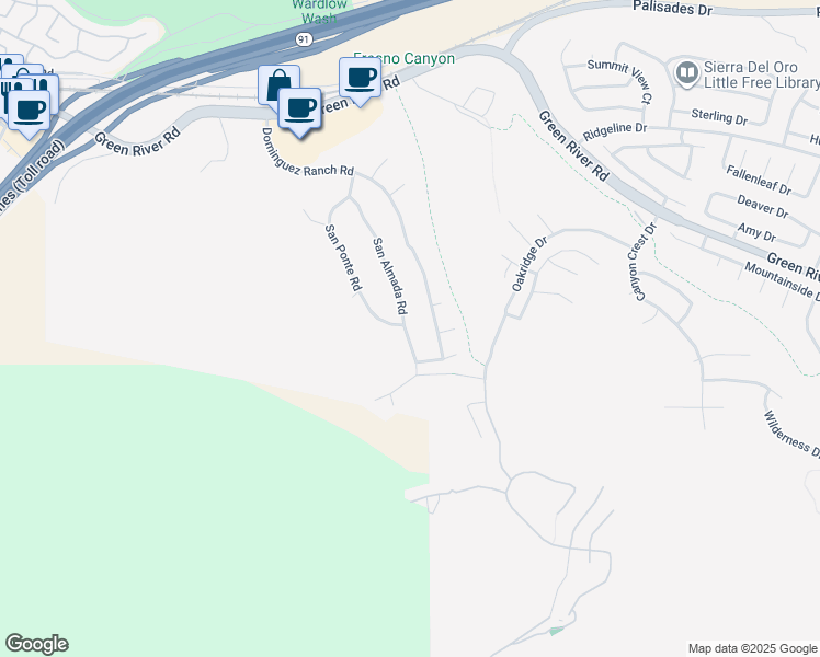 map of restaurants, bars, coffee shops, grocery stores, and more near 1611 San Almada Road in Corona