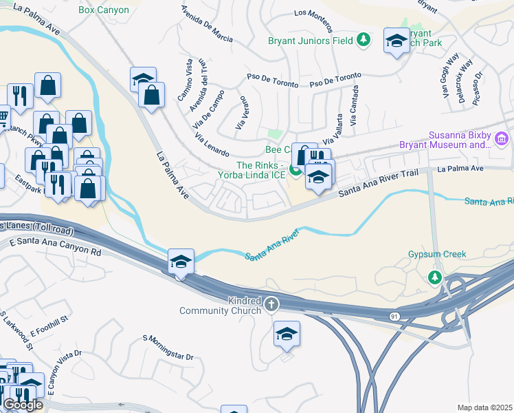 map of restaurants, bars, coffee shops, grocery stores, and more near 6243 Hartford Road in Yorba Linda