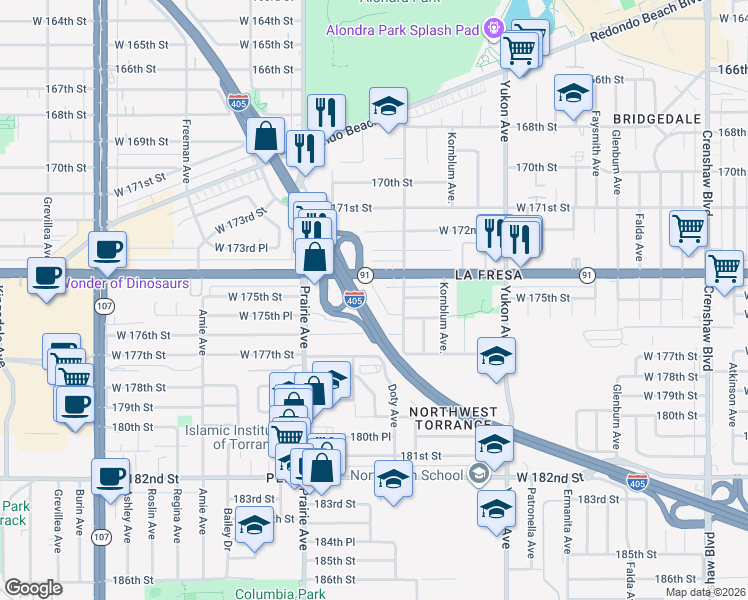 map of restaurants, bars, coffee shops, grocery stores, and more near 3826 West 176th Court in Torrance